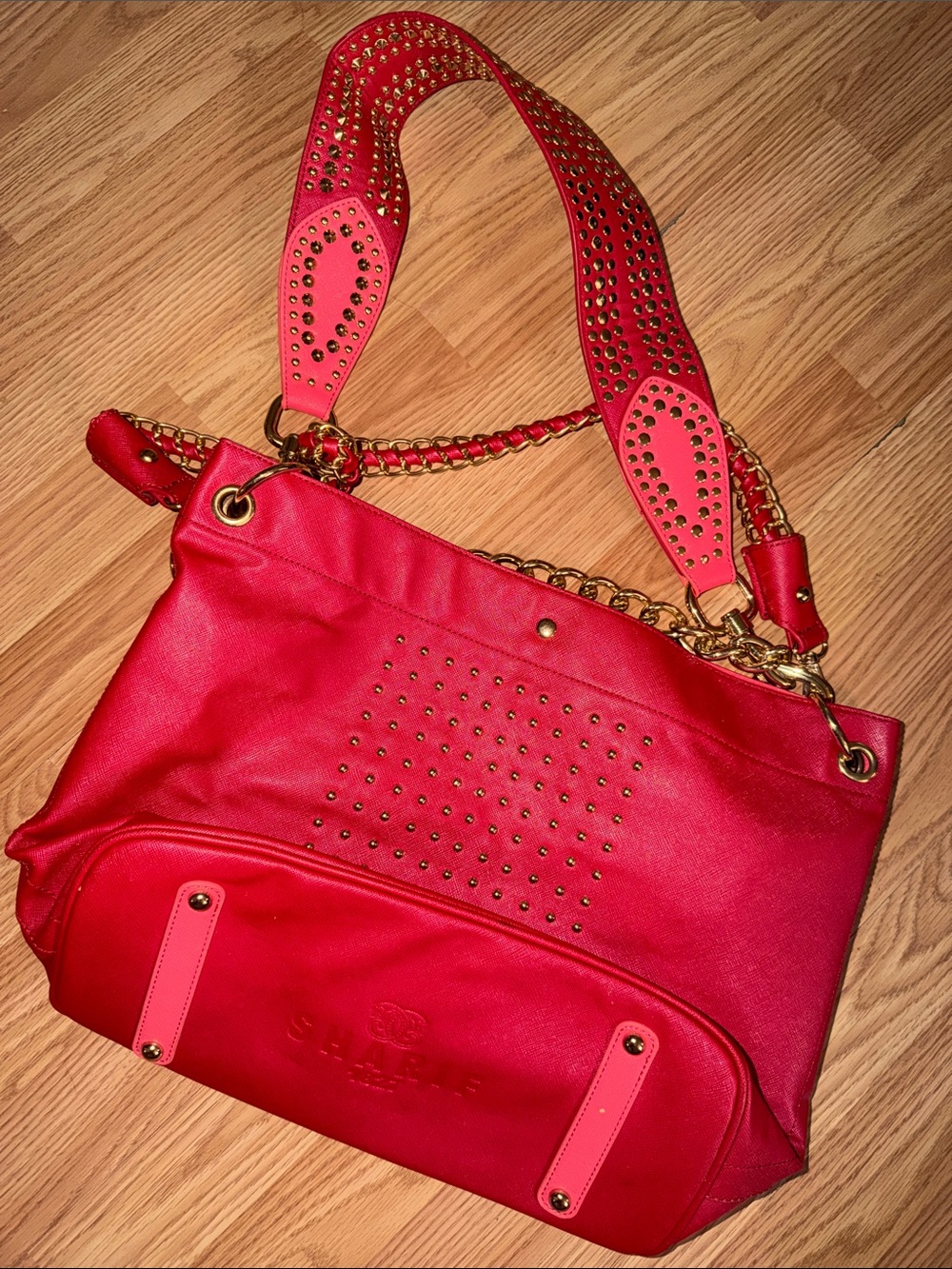 Red Stud-Accent Shoulder Bag